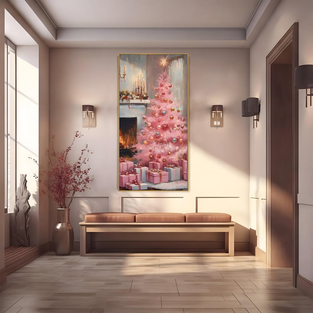 Tablou canvas cu pictura cu brad roz si semineu, in rama de aluminiu auriu